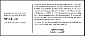 Traueranzeige von Kurt Stötzel von Siegener Zeitung