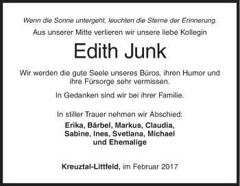Traueranzeige von Edith Junk von Siegener Zeitung
