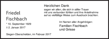 Traueranzeige von Friedel Fischbach von Siegener Zeitung
