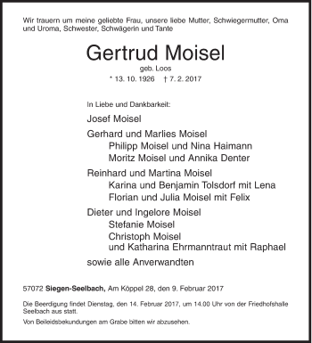 Traueranzeige von Gertrud Moisel von Siegener Zeitung