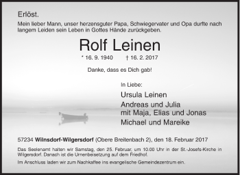 Traueranzeige von Rolf Leinen von Siegener Zeitung