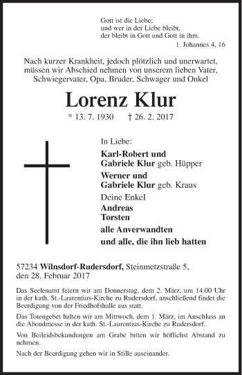 Traueranzeige von Lorenz Klur von Siegener Zeitung