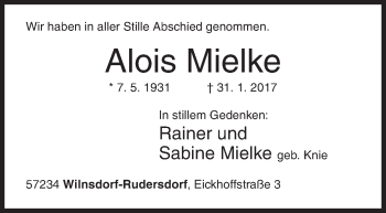 Traueranzeige von Alois Mielke von Siegener Zeitung