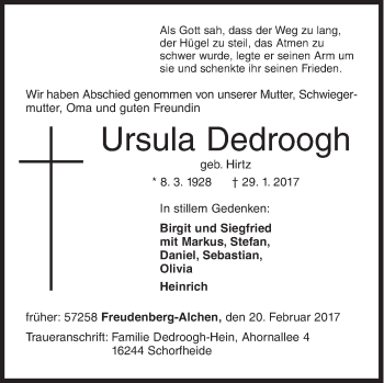 Traueranzeige von Ursula Dedroogh von Siegener Zeitung