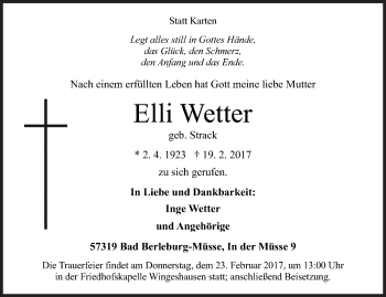 Traueranzeige von Elli Wetter von Siegener Zeitung
