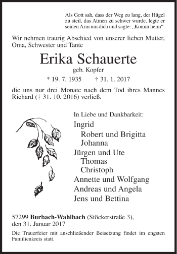 Traueranzeige von Erika Schauerte von Siegener Zeitung