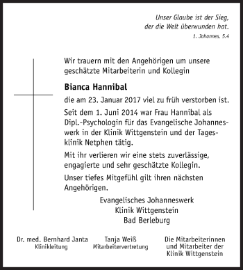 Traueranzeige von Bianca Hannibal von Siegener Zeitung