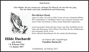 Traueranzeige von Hilde Duchardt von Siegener Zeitung