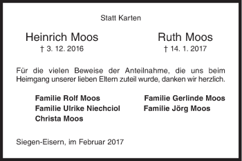 Traueranzeige von Heinrich und Ruth Moos von Siegener Zeitung