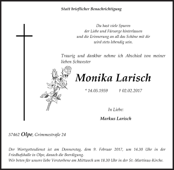 Traueranzeige von Monika Larisch von Siegener Zeitung
