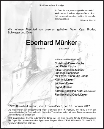 Traueranzeige von Eberhard Münker von Siegener Zeitung