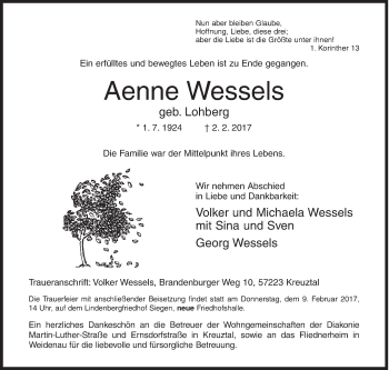 Traueranzeige von Aenne Wessels von Siegener Zeitung