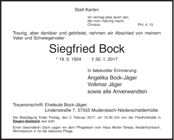 Traueranzeige von Siegffried Bock von Siegener Zeitung