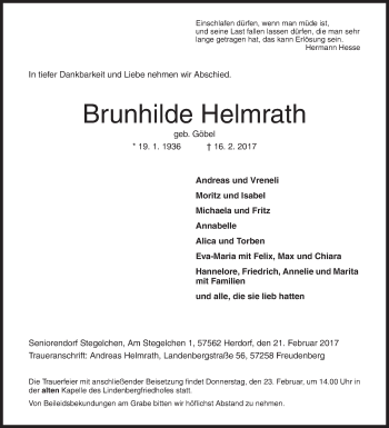 Traueranzeige von Brunhilde Helmrath von Siegener Zeitung