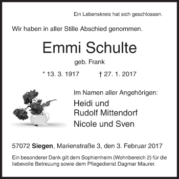 Traueranzeige von Emmi Schulte von Siegener Zeitung