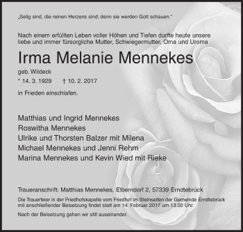 Traueranzeige von Irma Melanie Mennekes von Siegener Zeitung