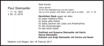 Traueranzeige von Paul Steinseifer von Siegener Zeitung