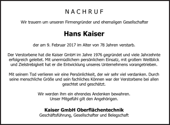 Traueranzeige von Hans Kaiser von Siegener Zeitung