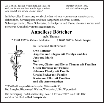 Traueranzeige von Anneliese Böttcher von Siegener Zeitung