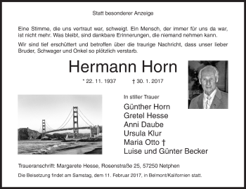 Traueranzeige von Hermann Horn von Siegener Zeitung