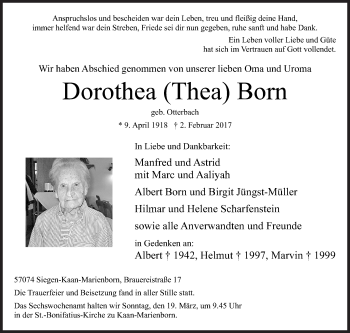 Traueranzeige von Dorothea Born von Siegener Zeitung