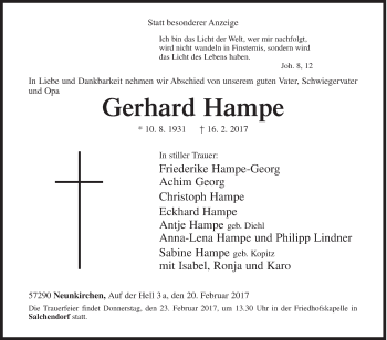 Traueranzeige von Gerhard Hampe von Siegener Zeitung