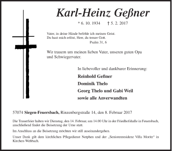 Traueranzeige von Karl-Heinz Geßner von Siegener Zeitung