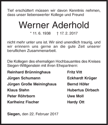 Traueranzeige von Werner Aderhold von Siegener Zeitung