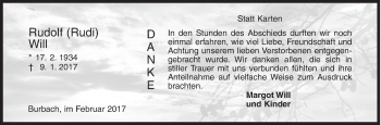 Traueranzeige von Rudolf Will von Siegener Zeitung
