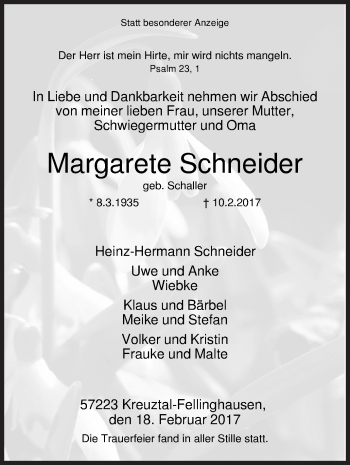 Traueranzeige von Margarete Schneider von Siegener Zeitung