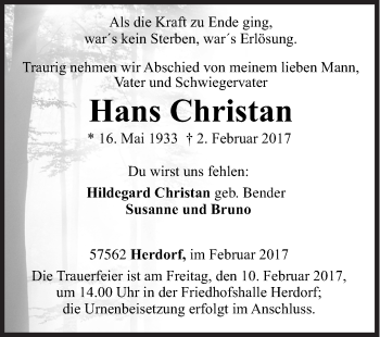 Traueranzeige von Hans Christan von Siegener Zeitung