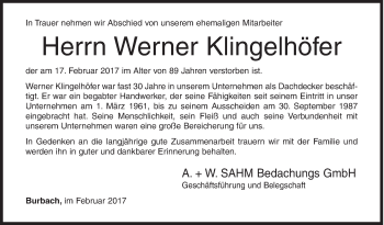 Traueranzeige von Werner Klingelhöfer von Siegener Zeitung