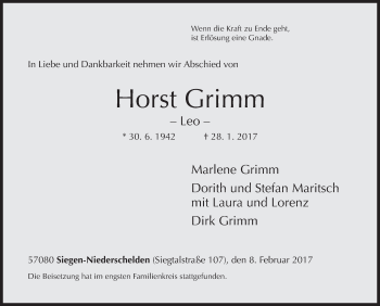 Traueranzeige von Horst Grimm von Siegener Zeitung