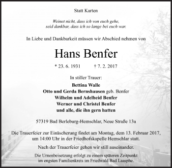 Traueranzeige von Hans Benfer von Siegener Zeitung