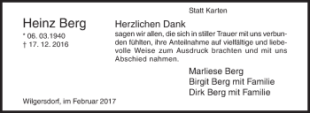 Traueranzeige von Heinz Berg von Siegener Zeitung