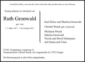 Traueranzeige von Ruth Gronwald von Siegener Zeitung