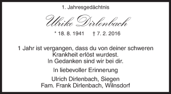 Traueranzeige von Ulrike Dirlenbach von Siegener Zeitung