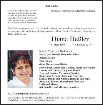 Traueranzeige von Diana Heßler von Siegener Zeitung