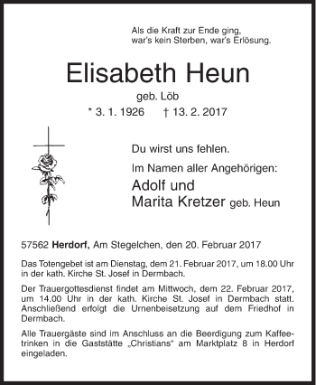 Traueranzeige von Elisabeth Heun von Siegener Zeitung