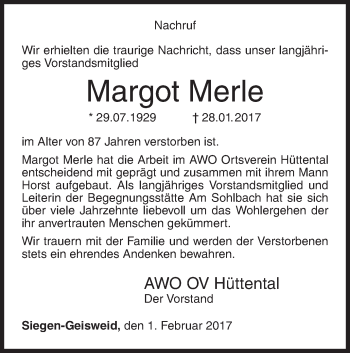 Traueranzeige von Margot Merle von Siegener Zeitung