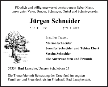 Traueranzeige von Jürgen Schneider von Siegener Zeitung