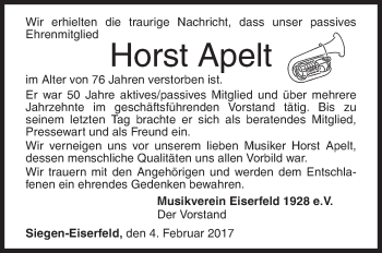Traueranzeige von Horst Apelt von Siegener Zeitung