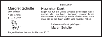 Traueranzeige von Margret Schulte von Siegener Zeitung