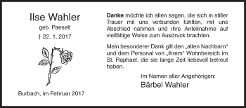 Traueranzeige von Ilse Wahler von Siegener Zeitung