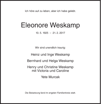 Traueranzeige von Eleonore Weskamp von Siegener Zeitung