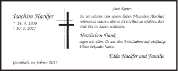 Traueranzeige von Joachim Hackler von Siegener Zeitung