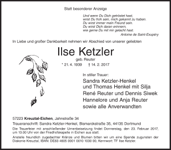 Traueranzeige von Ilse Ketzler von Siegener Zeitung