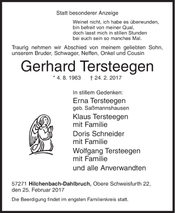 Traueranzeige von Gerhard Tersteegen von Siegener Zeitung