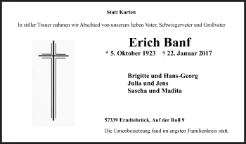Traueranzeige von Erich  Banf von Siegener Zeitung
