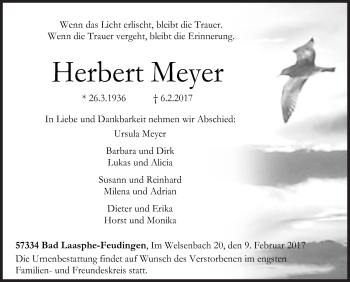 Traueranzeige von Herbert Meyer von Siegener Zeitung